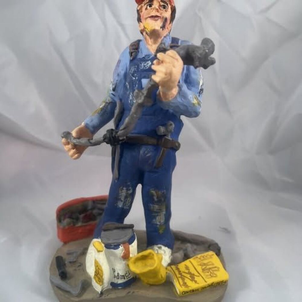 Caren Miller 1986 Plumber Figurine, Signed -- 8 In. Ceramic, Wrench & Toolbox Ba